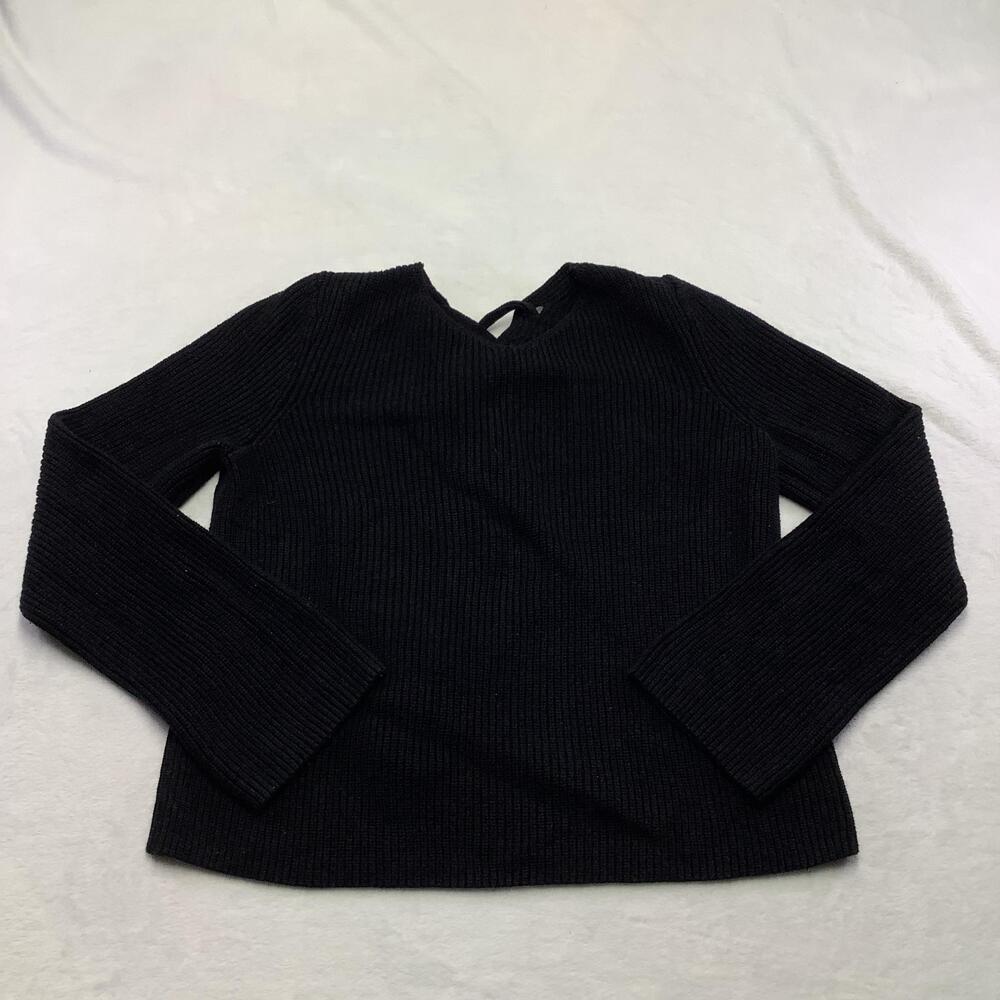 LOFT Sweater Womens Medium Black Ribbed V Neck Lace Up Bow Back Pullover Knit